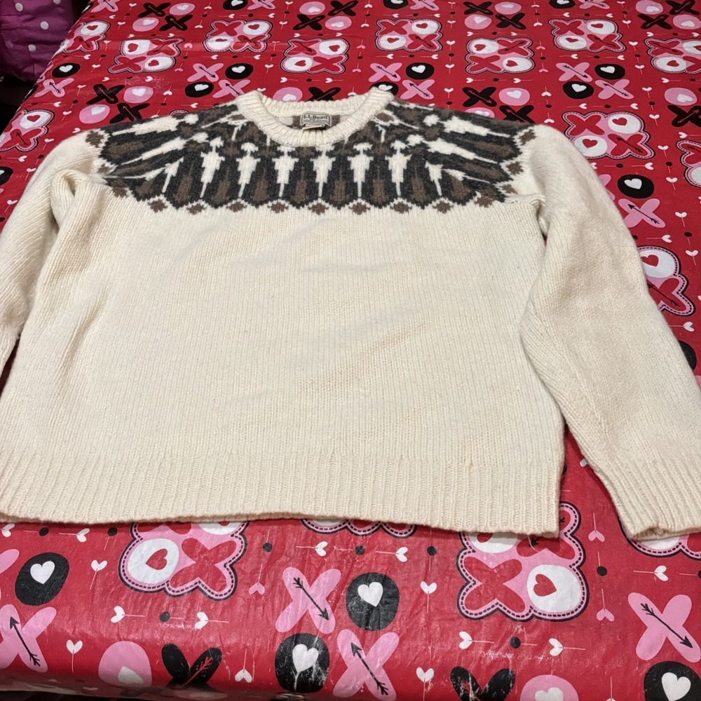 Mens Sweater-L L BEAN-ivory/brown/grey Fair Isle 100% lambswool Nordic po Sz-L‎